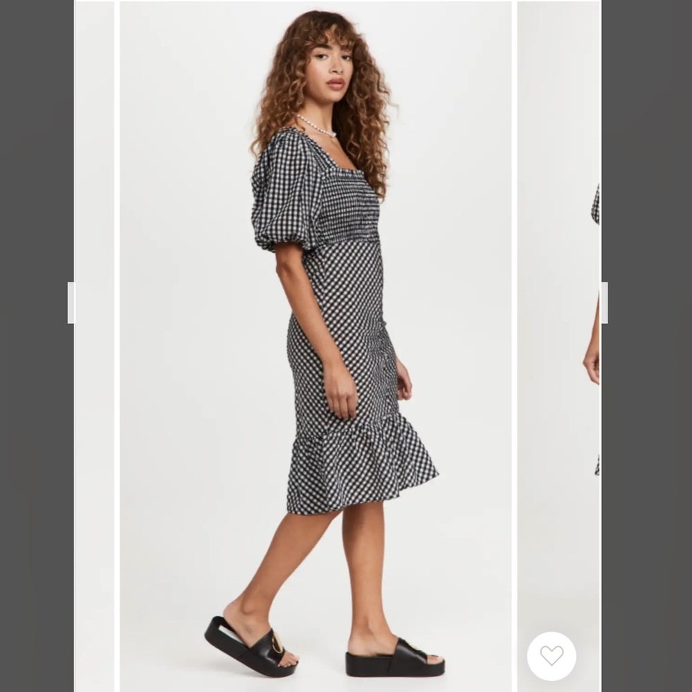 Ganni Seersucker Check Midi Dress gingham plaid shimmer smocked puff sleeve 38 6